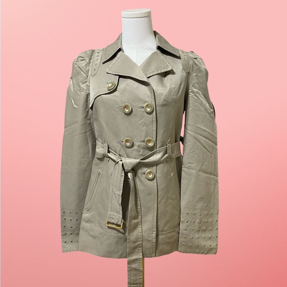 Anthropologie Leifsdottir Dusty Green Trench Coat with Gold Accents